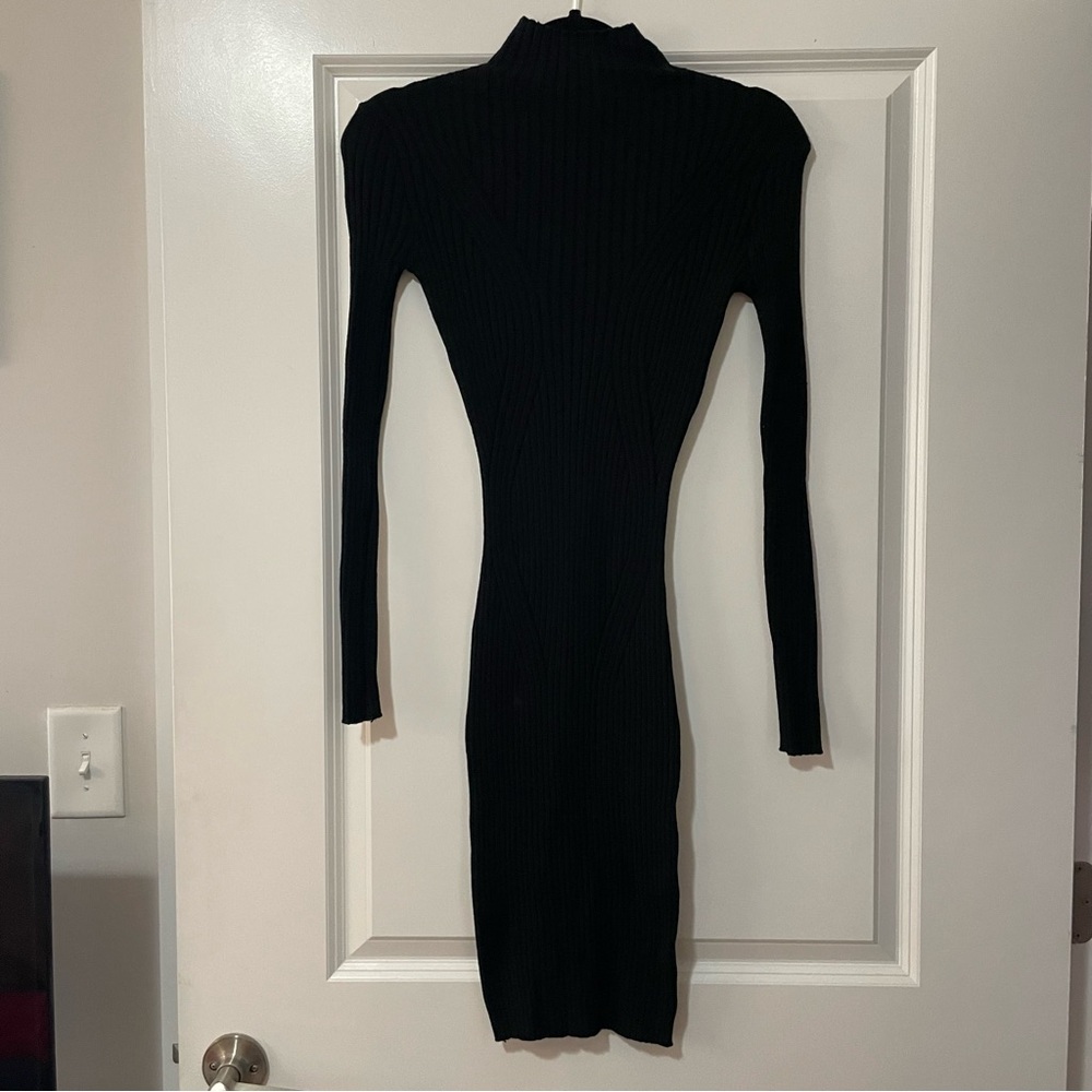 NWT RIELLE BLACK RIBBED BODYCON MIDI LONG SLEEVE HIGH NECK DRESS